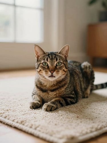 Candid eye-level shot of a happy tabby cat resting comfortably on a warm cream living room rug, soft indirect window lighting, warm tones, shallow depth of field, 35mm film style.