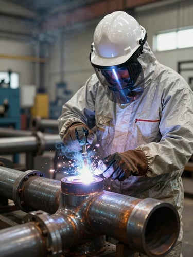 Close environmental framing of an Iraqi welder in full PPE — hardhat, face shield raised between passes — at a heavy pipe joint station in a refinery workshop, tungsten arc glow visible at the weld bead, oxidized steel pipe fittings in sharp foreground detail, natural industrial lighting