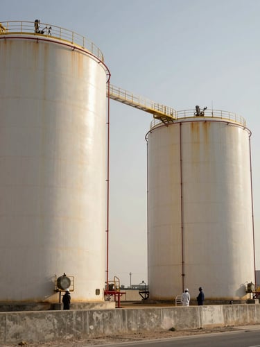 Wide environmental shot from ground level looking up at two large vertical fuel storage tanks at an Iraqi refinery, workers in hardhats and PPE visible at base for scale, oxidized steel surface, natural daylight, concrete berm in foreground, expansive pale sky