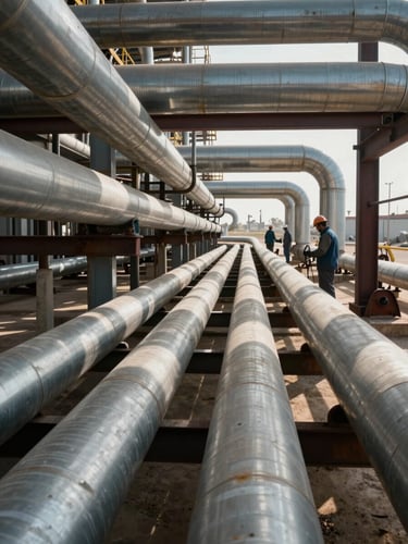 Wide environmental shot of a large-diameter industrial piping run installed inside an Iraqi oil refinery, steel pipes stretching into the distance, workers in hardhats and PPE visible at mid-frame for scale, natural daylight filtering through the structure, muted palette of oxidized steel and concrete