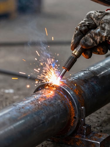 Close macro framing of a TIG welding arc in progress on a thick steel pipe joint, bright orange arc and spatter against dark oxidized metal, welder's gloved hands and torch visible, natural worksite lighting, no studio setup