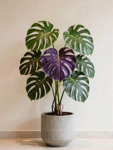 A dramatic large-scale Monstera Deliciosa in a minimalist concrete planter, standing in a bright, sunlit luxury hotel lobby with warm ivory walls and soft shadows, medium format editorial photography.