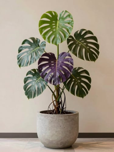 A dramatic architectural monstera plant in a massive raw concrete planter, set against a warm ivory wall in a modern corporate atrium, soft side light, editorial interior photography