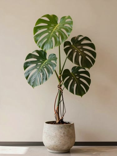 A tall, structural Monstera deliciosa in a minimalist stone planter against a warm ivory wall in a sunlit modern office lobby, soft indirect light, medium format