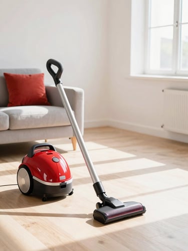 Bright high-key photography of a sunlit modern Italian living room, a vacuum cleaner gliding on clean oak floors, crisp natural daylight, sharp focus, 35mm lens