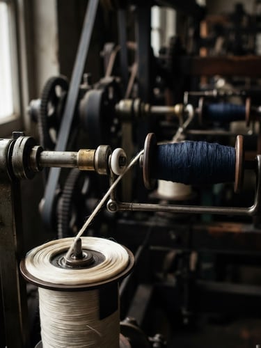 Detailed industrial photography of a high-speed spinning spindle winding raw silk filament, natural side-lit workshop light with high-contrast shadows, rich raw-silk cream and deep navy tones, macro lens.