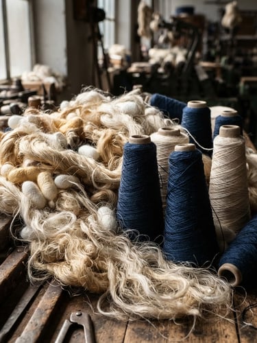 Macro photograph of raw silk fiber nests and wound cones of yarn under natural side-lit industrial workshop light, high-contrast shadows emphasizing texture