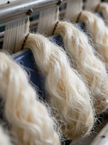 Close-up of raw silk fiber nests being combed in an industrial spinning machine, natural side-lit workshop light, rich cream tones, macro lens