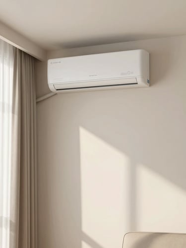 Wide shot of a living room with a clean split AC unit mounted high on the wall, bright morning daylight streaming through curtains, tidy interior, no people, focus on the installed unit and its surroundings