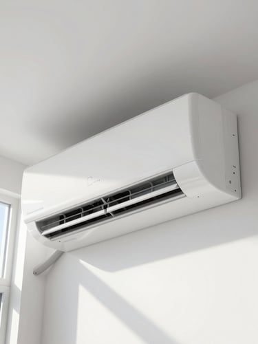 Close-up of a modern wall-mounted split air conditioning unit installed cleanly on a white interior wall, bright natural daylight from a nearby window, no people in frame, sharp equipment detail showing vents and panel finish