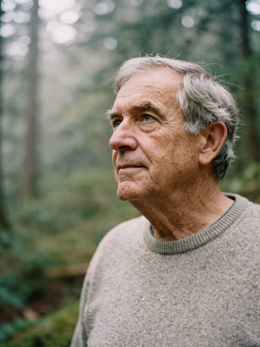 Candid medium shot of an older gentleman with kind eyes, wearing a simple wool sweater, looking out over a misty forest in the Pacific Northwest, soft natural daylight, warm editorial photography, 35mm film.