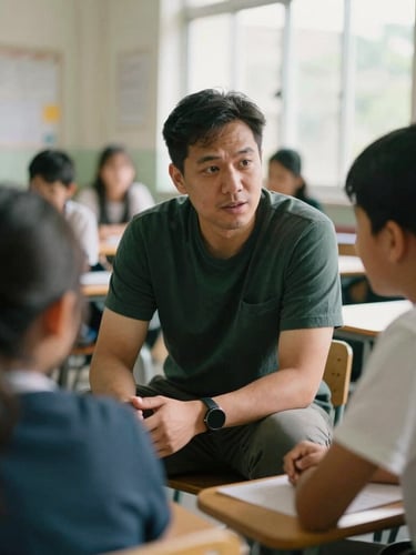 Candid medium-shot photograph of a community mentor talking with a young student in an active, naturally lit classroom. Soft natural daylight, deep muted forest tones, shallow depth of field, 35mm film.