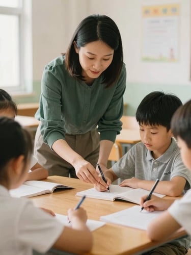 Candid medium shot of a teacher guiding young students in a bright, sunlit classroom, warm editorial style, soft natural daylight, shallow depth of field