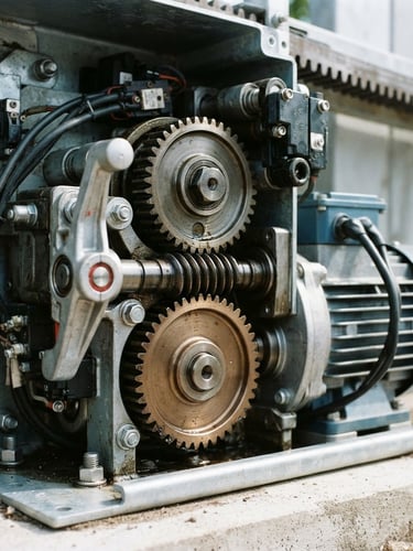 Sharp technical close-up of a high-quality gate motor with gears, crisp technical lighting, metallic tones, 35mm photography
