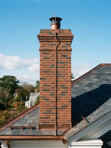 Crisp exterior roofline shot of a recently restored brick chimney against a clear New England sky, sharp focus, natural daylight, rich brick-red and charcoal tones.