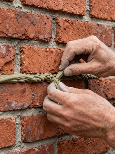 Close-up portrait shot of a master mason's hands carefully repointing historic brickwork with lime mortar, natural daylight, focus on texture and precision.
