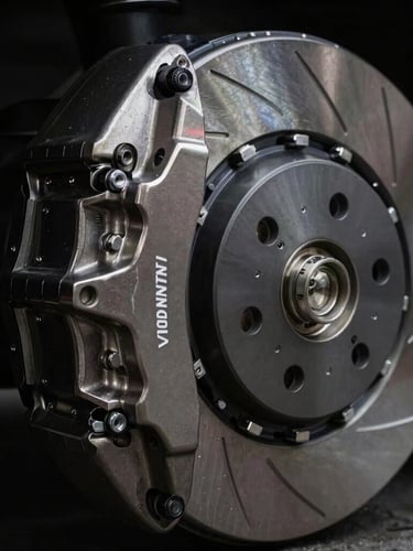 Tight macro shot of a high-performance brake caliper and metallic rotor, showcasing precise engineering textures and serial numbers, moody studio lighting