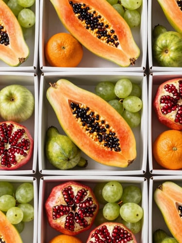 Overhead flat-lay of structured corporate wellness fruit boxes with portioned papayas and pomegranates, bright daylight, high-contrast food photography