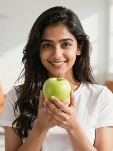 Professional, warm portrait of Kundana in a bright, modern consultation room with natural morning daylight, holding a fresh green apple, clean high-key food photography style