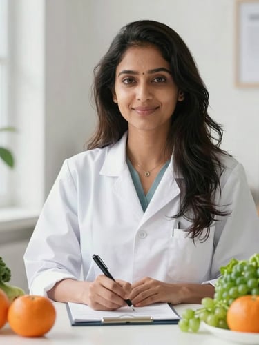 Professional warm portrait of Kundana, a certified clinical nutritionist, in a bright modern consultation room with soft morning light, clean background