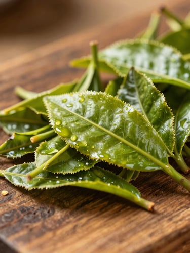 Close-up of raw Ceylon tea leaves being inspected under warm natural light on a rustic wooden surface, sharp focus on texture