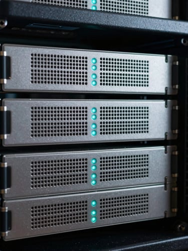 Macro shot of clean server hardware racks with teal indicator lights, cool low-key studio lighting, structured architectural framing.