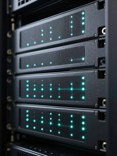 Macro shot of modern server racks with glowing teal indicator lights, low-key high-contrast studio lighting, cool tones, sharp architectural lines.