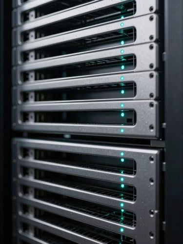 Macro high-contrast shot of clean server rack architecture, sharp metallic lines with selective cool teal indicator lights, low-key studio lighting, 21:9 framing.