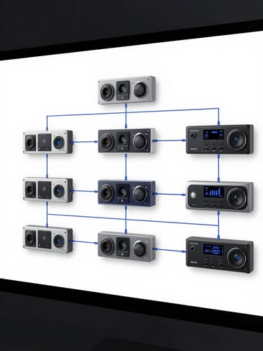 High-fidelity system architecture diagram on a clean white background, showing microservices connected by thin blue lines, crisp studio lighting, minimalist UI design.