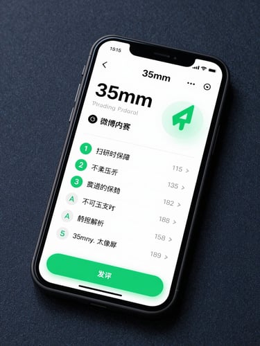 A modern smartphone displaying a clean trading education progress interface with emerald green accents, placed on a dark navy textured surface, bright studio lighting, 35mm.