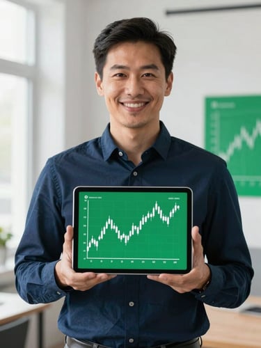 A professional mentor in a bright studio, wearing a clean navy shirt, smiling warmly, holding a tablet showing a clean green and white candlestick chart, soft natural light, 35mm