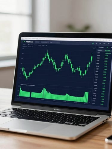 A close-up of a modern laptop screen displaying a clean, uncluttered candlestick chart with green indicators, sitting on a wooden desk in a bright, sunlit office, 35mm