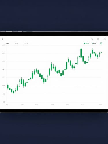 Approach shot of a modern tablet displaying a clean, uncluttered financial chart with green candlestick patterns, bright clean studio lighting, deep navy background, sharp focus
