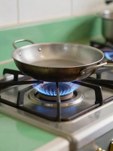 Close-up of a steady blue stove flame under a clean metal pan, warm natural daylight, vibrant green kitchen details, 35mm photography