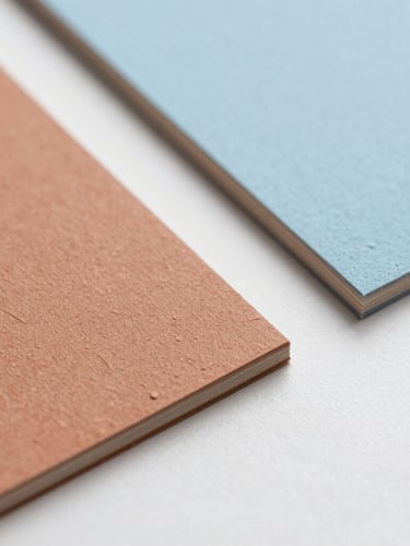 Macro close-up of tactile design swatches, textured paper samples in warm clay and soft sky blue, arranged on a clean white surface under diffused natural light.