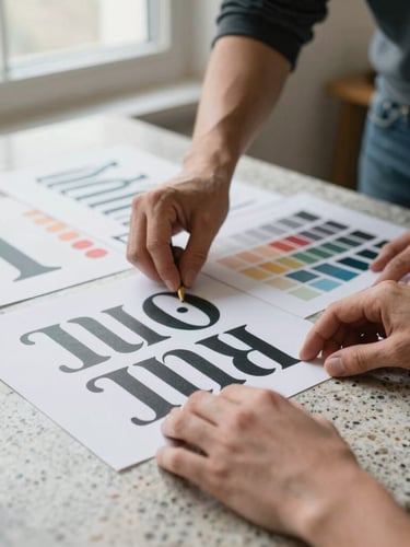 Hands of two designers arranging physical typographic layout prints and color chips on a light granite work surface, natural diffused window light.