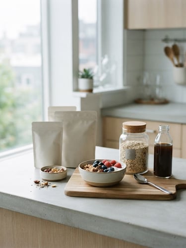 Bright editorial photography of a modern kitchen counter with clean functional food packaging, natural morning daylight, desaturated cool tones, 35mm