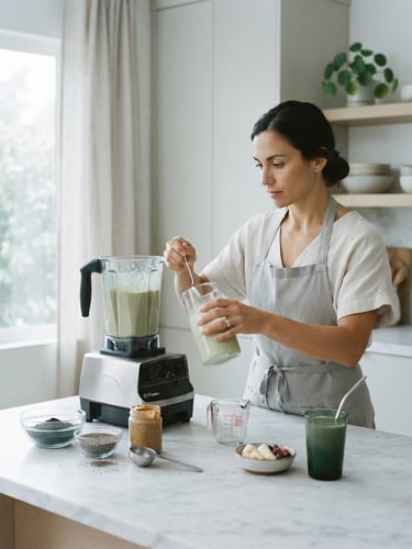 Bright modern kitchen with natural morning daylight, a professional preparing a clean functional food shake on a marble countertop, desaturated cool tones, 35mm photography