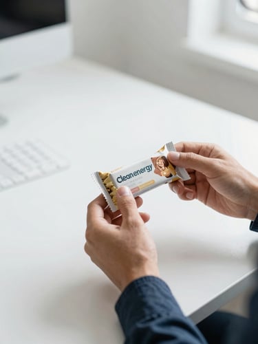 A busy professional grabbing a clean energy bar on the go, bright natural daylight, modern workspace setting, desaturated cool tones, 35mm