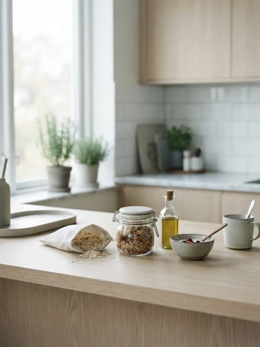 Bright modern kitchen, morning natural daylight, clean minimalist counter with functional food packaging, desaturated cool tones, shallow depth of field, 35mm
