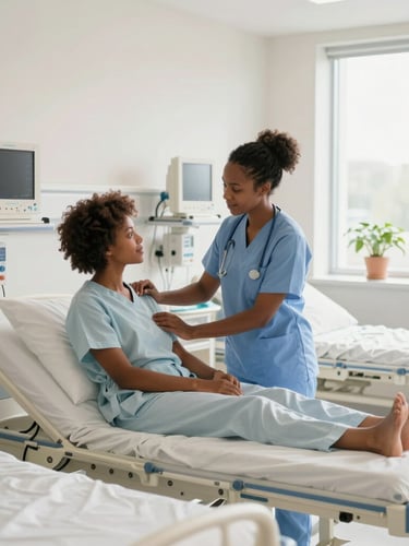 Bright editorial photography, wide shot of a clean modern clinical simulation lab with hospital beds, medical monitors, and an African American female student practicing patient care, soft natural daylight, 35mm