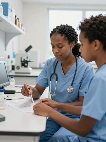 An African American female instructor guiding a student in a bright modern clinical simulation lab, teaching bedside care skills, 35mm photography