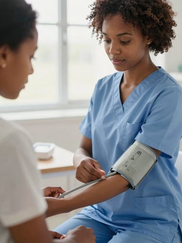A close-up of an African American female nursing student adjusting a blood pressure cuff on a patient simulator, bright natural window light, warm tones, shallow depth of field, 35mm