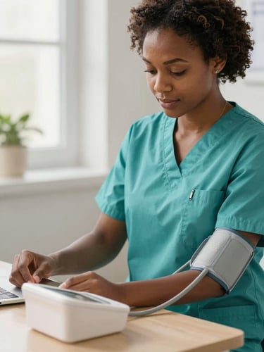 A professional medium close-up of an African American female nursing student in teal scrubs adjusting a digital blood pressure monitor, warm natural light, shallow depth of field