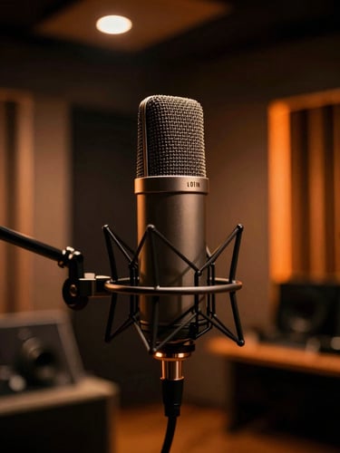 Moody cinematic photography of a high-end Neumann microphone in a professional Parisian recording booth, low-key studio lighting with a warm orange amber glow, shallow depth of field, 50mm