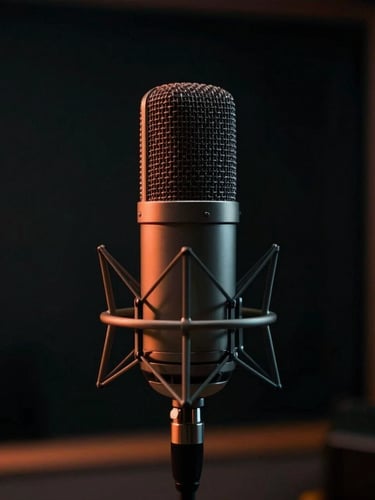 Moody cinematic close-up of a high-end vintage studio microphone in a Parisian recording booth, dramatic low-key lighting with subtle orange neon highlights, dark charcoal background, shallow depth of field.
