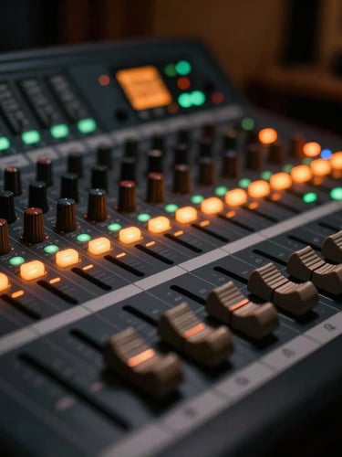 Close-up of a professional sound mixing console with glowing orange and green LEDs, faders aligned, dark warm atmospheric studio background, shallow depth of field