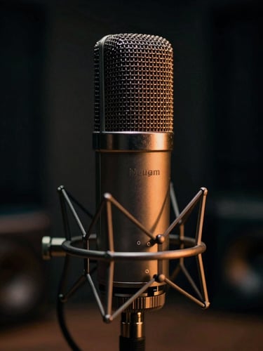 Dramatic close-up of a vintage Neumann microphone in a dark Parisian recording booth, moody low-key lighting with warm amber reflections on the metallic grille, shallow depth of field, cinematic 50mm
