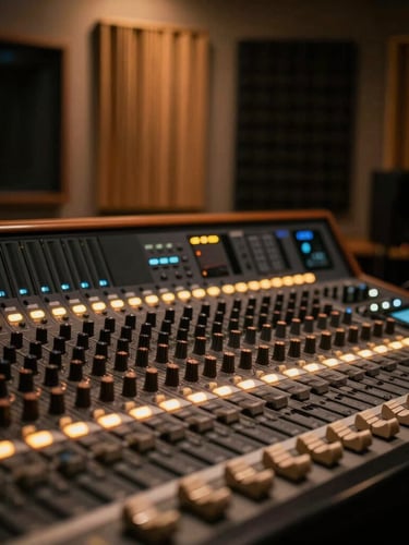 Moody cinematic photography of a professional recording studio mixing console in Paris, glowing LED lights, acoustic foam panels in the background, warm amber tones, shallow depth of field.