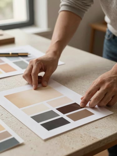 Close-up of a designer's hands placing a printed colour study on a light stone desk, warm diffused window light from the left, swatches of warm beige and deep ink tones visible, creative process atmosphere